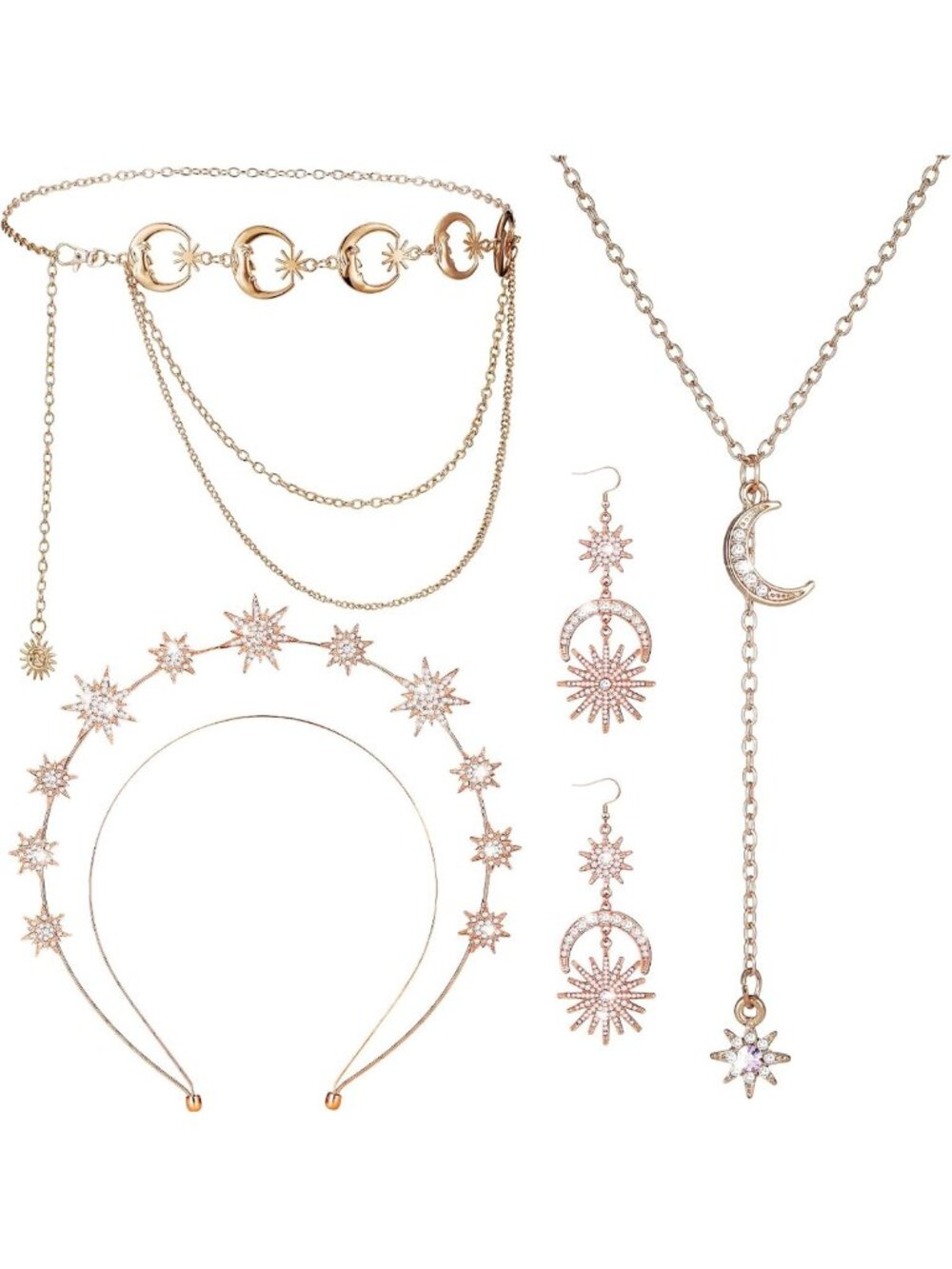 Celestial Jewelry Set: 4 Pcs Moon Star Necklace & Headband for Boho Style